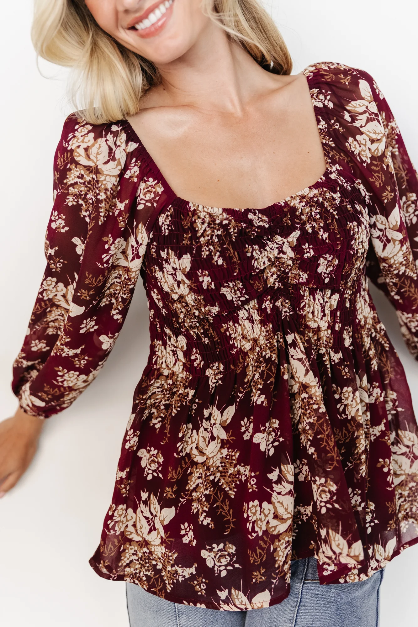 Fenna Smocked Top | Burgundy Floral - Vlounger