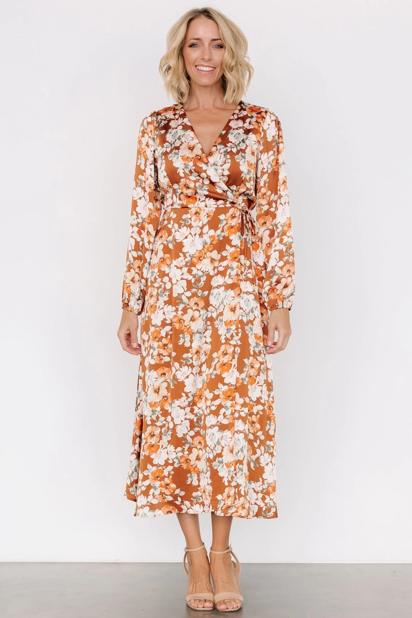 Clarissa Faux Wrap Midi Dress | Copper + Ivory - Vlounger