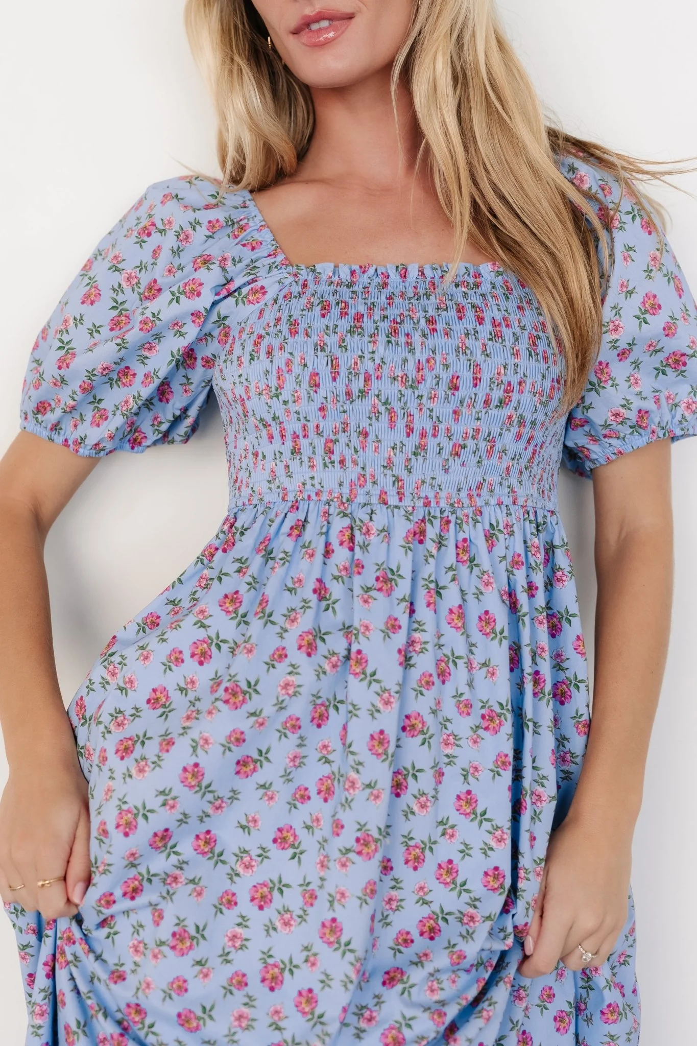 Haddie Smocked Midi Dress | Light Blue + Rose Floral - Vlounger