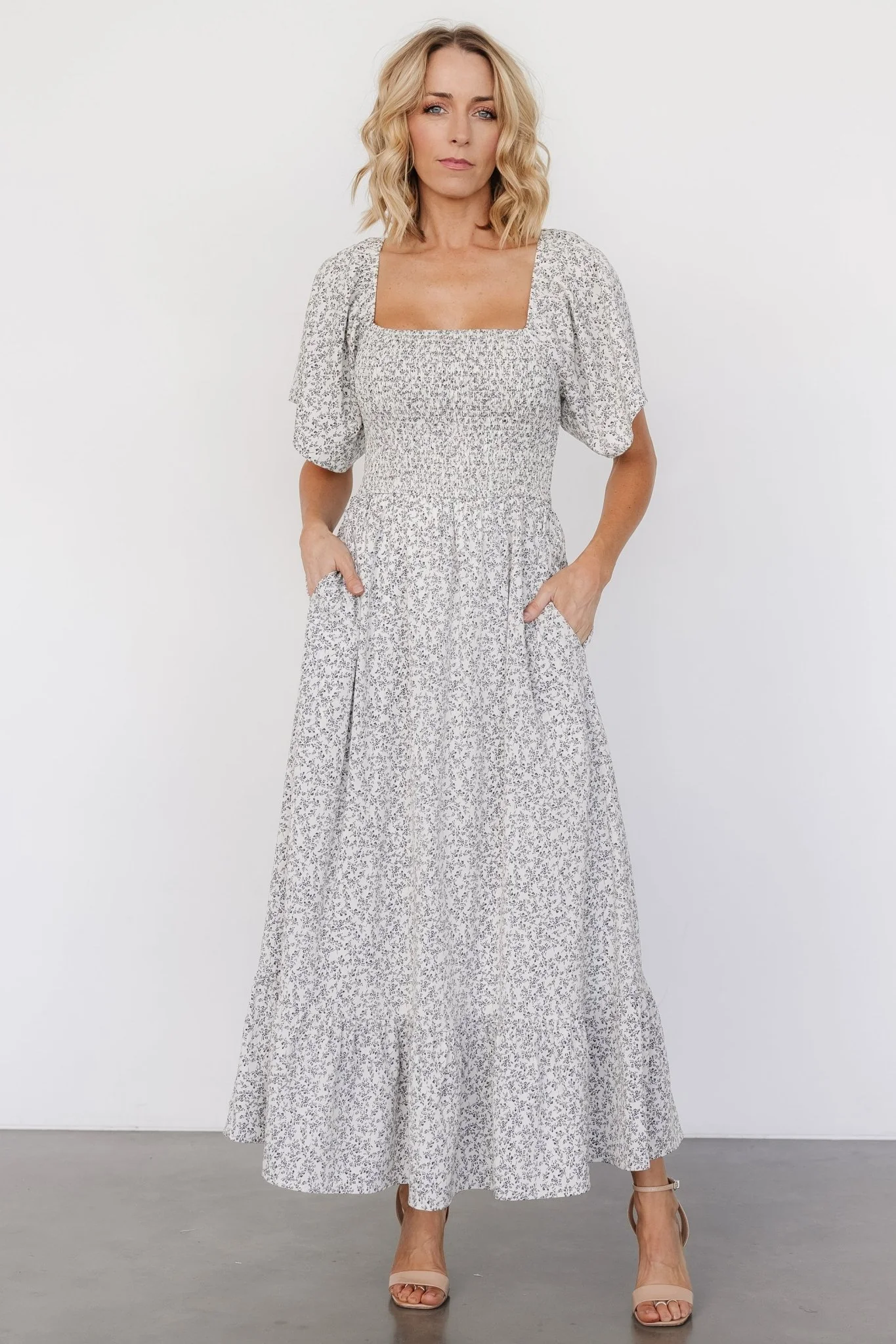 Cassis Smocked Midi Dress | Ivory + Black Floral - Vlounger