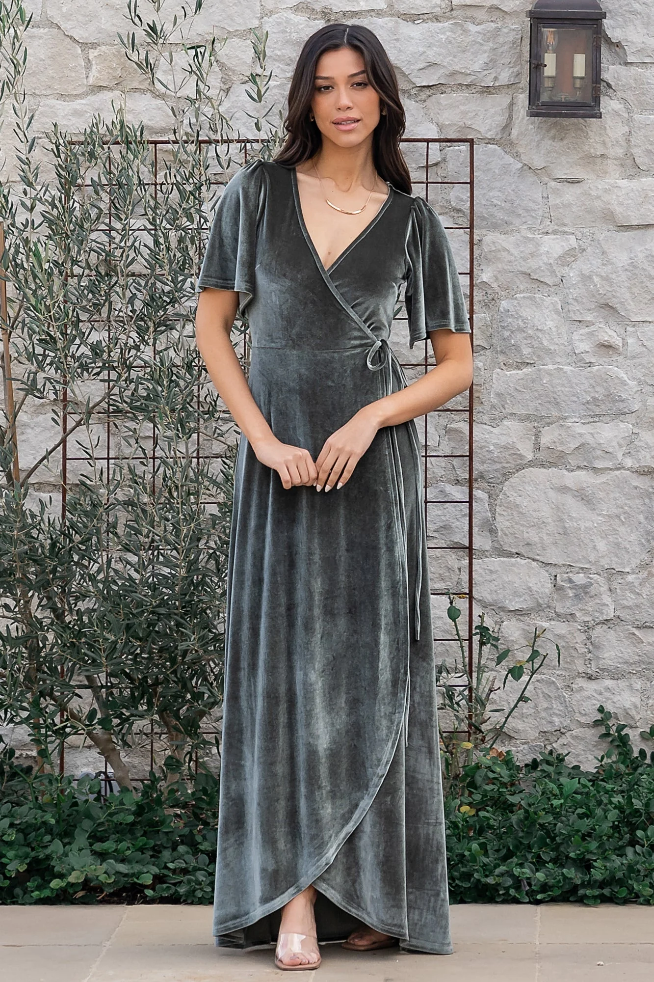 Katelyn Velvet Maxi Wrap Dress | Eucalyptus - Vlounger
