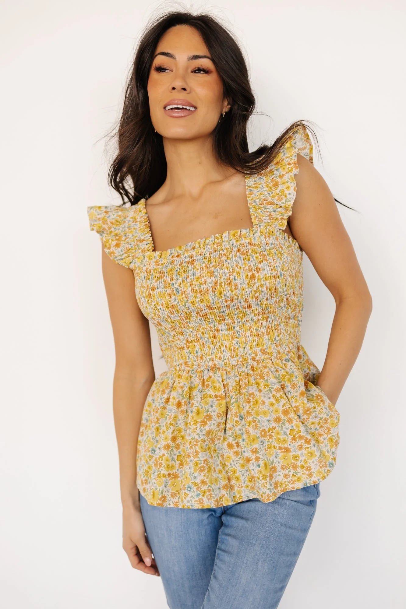 Ida Peplum Top | Golden Multi Floral - Vlounger