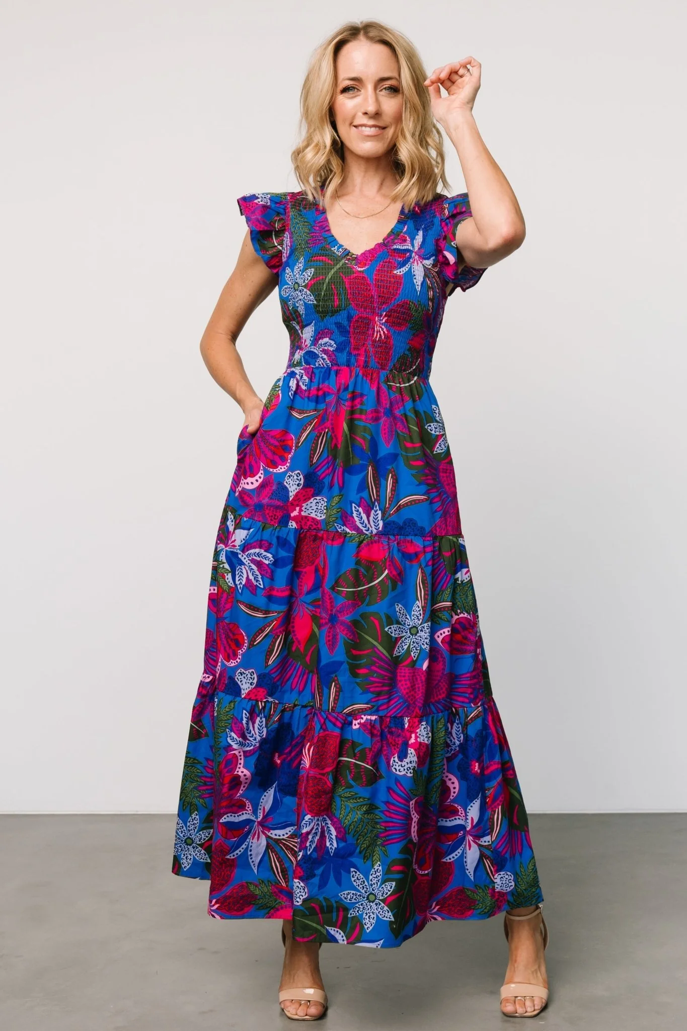 Ranchero Smocked Maxi Dress | Cobalt + Fuchsia Print - Vlounger