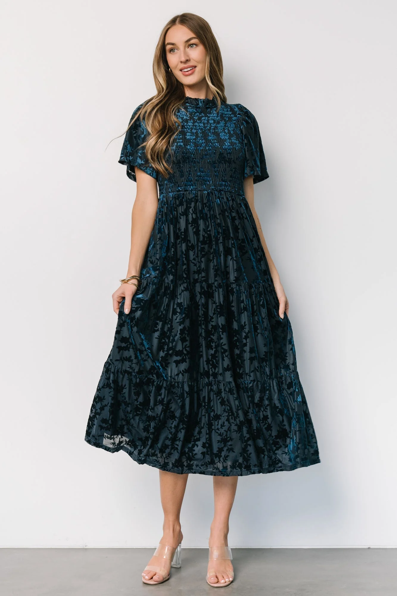 Callen Smocked Velvet Dress | Deep Blue - Vlounger
