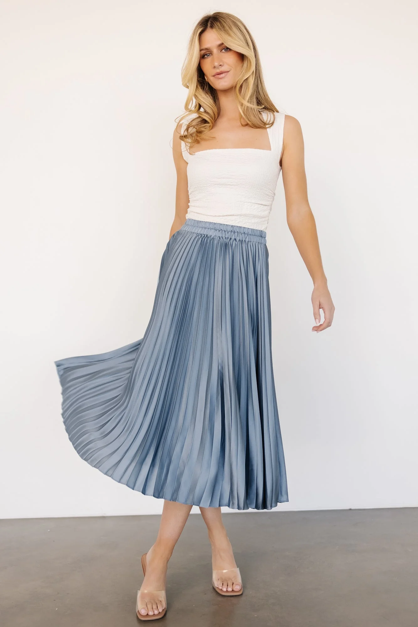 Demetria Pleated Midi Skirt | Steel Blue - Vlounger