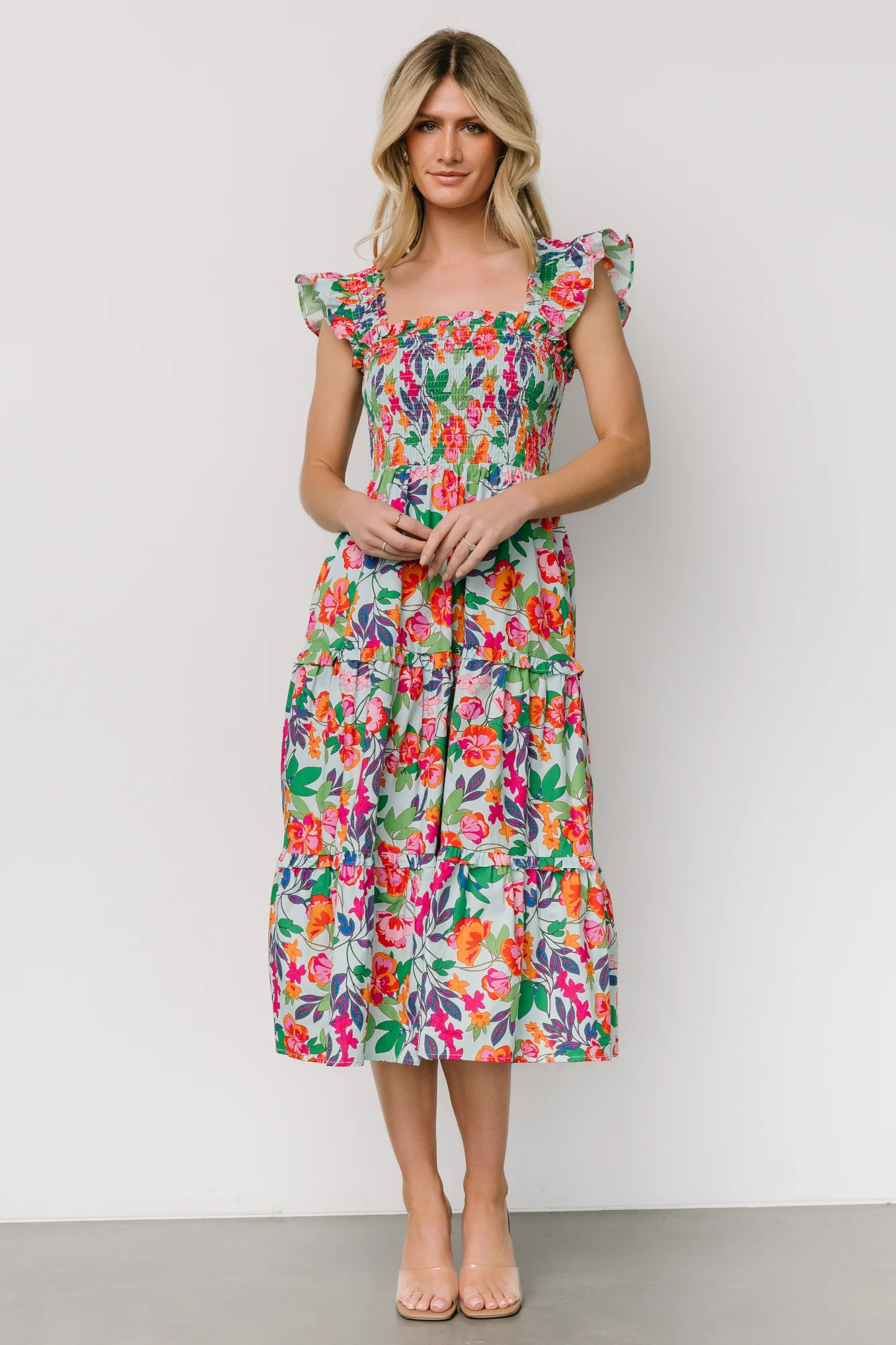 Harper Smocked Midi Dress | Blue Multi Floral - Vlounger