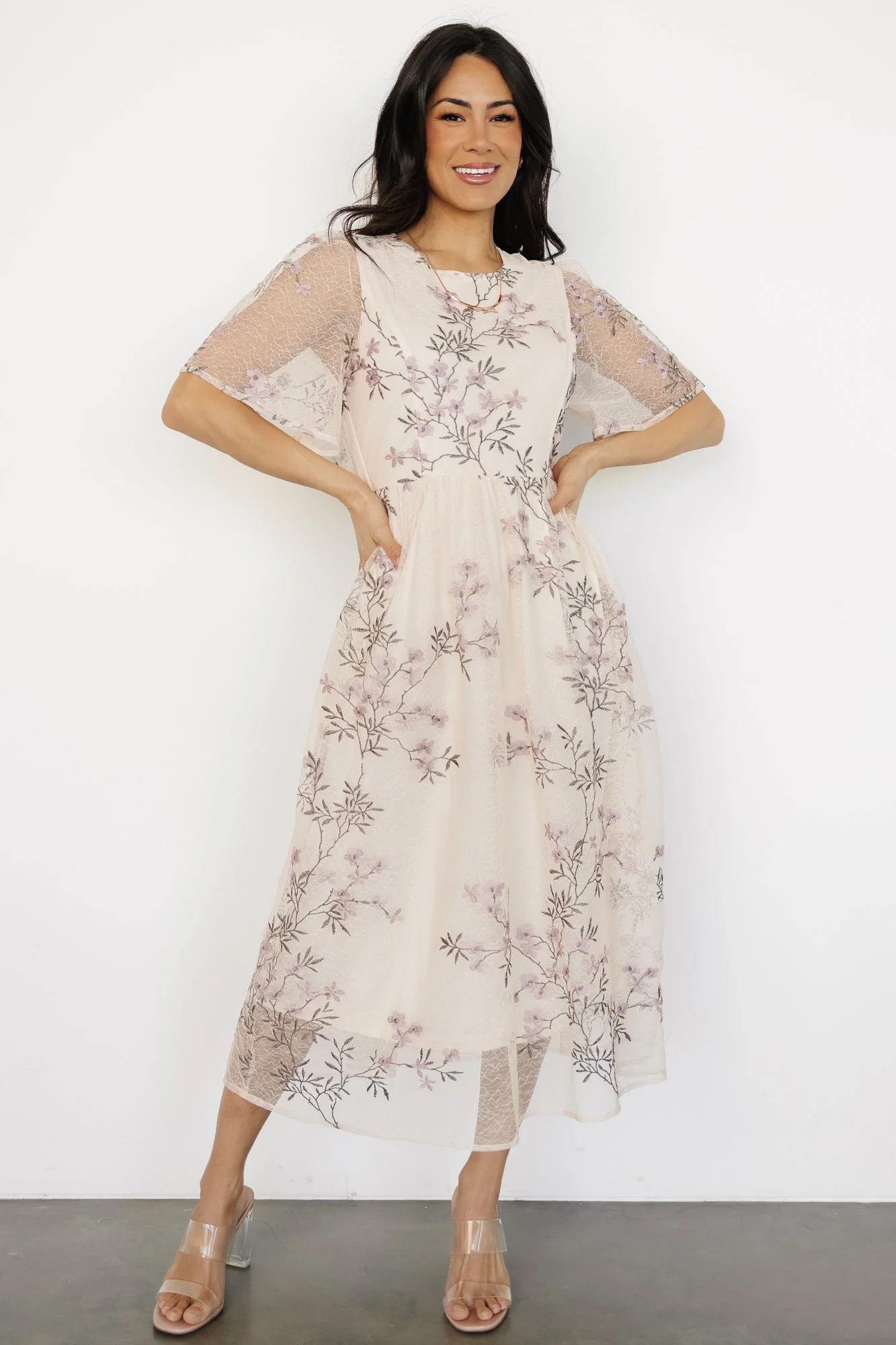 Ashlee Embroidered Midi Dress | Cream + Lavender Floral - Vlounger