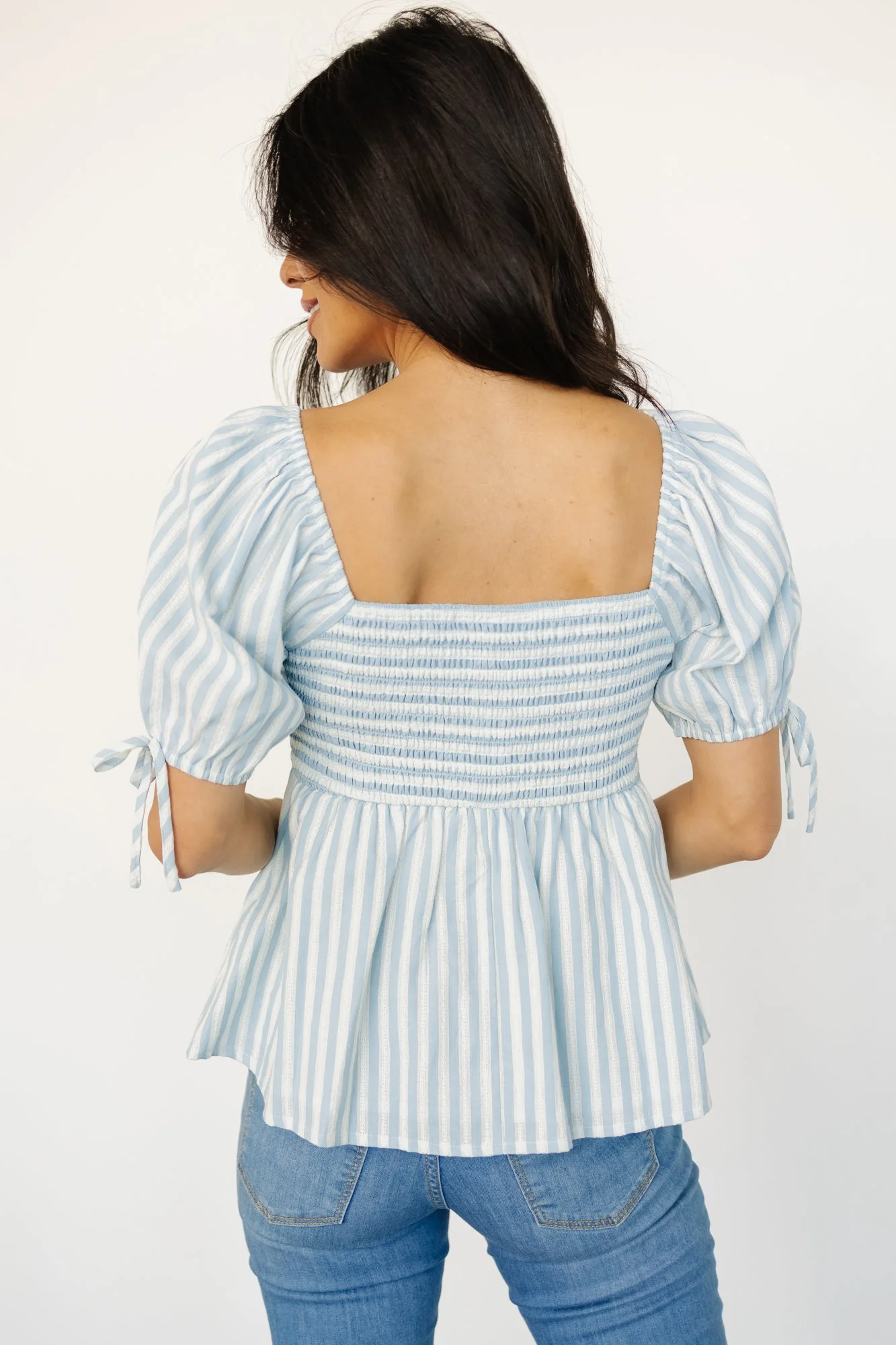 Betsy Peplum Top | Blue + White Stripe - Vlounger