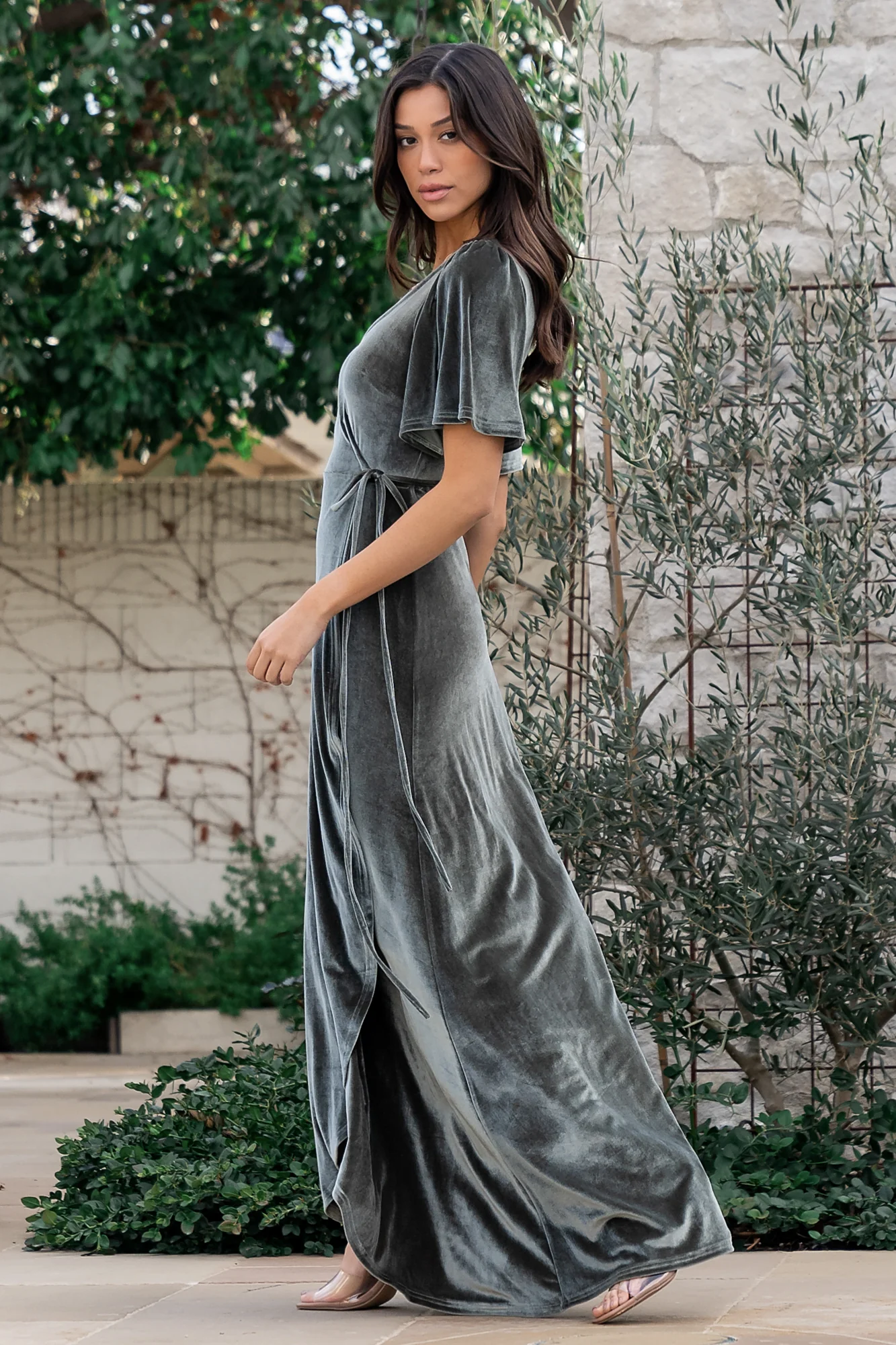 Katelyn Velvet Maxi Wrap Dress | Eucalyptus - Vlounger