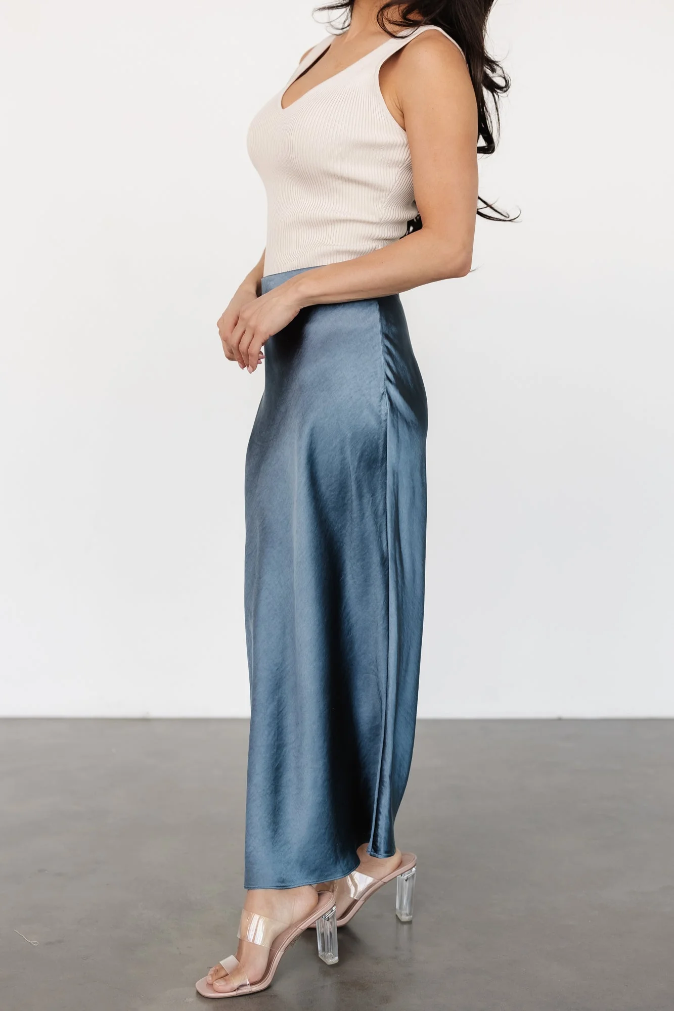 Celeste Satin Midi Skirt | Steel Blue - Vlounger