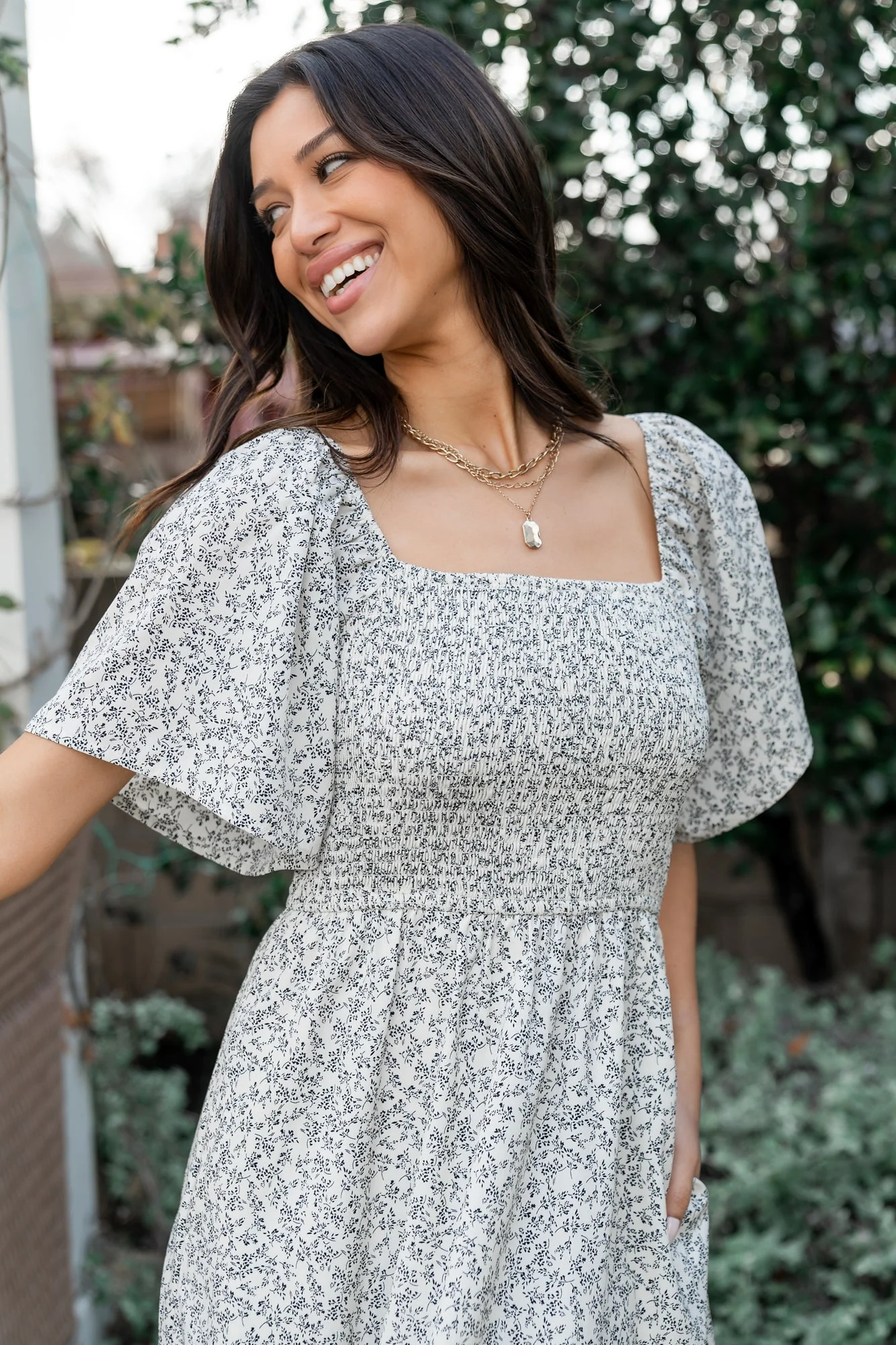 Cassis Smocked Midi Dress | Ivory + Black Floral - Vlounger