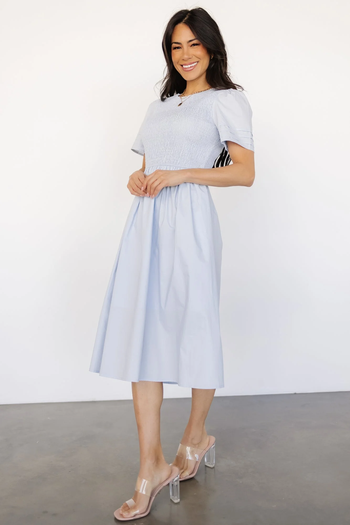 Farrah Smocked Midi Dress | Light Blue - Vlounger