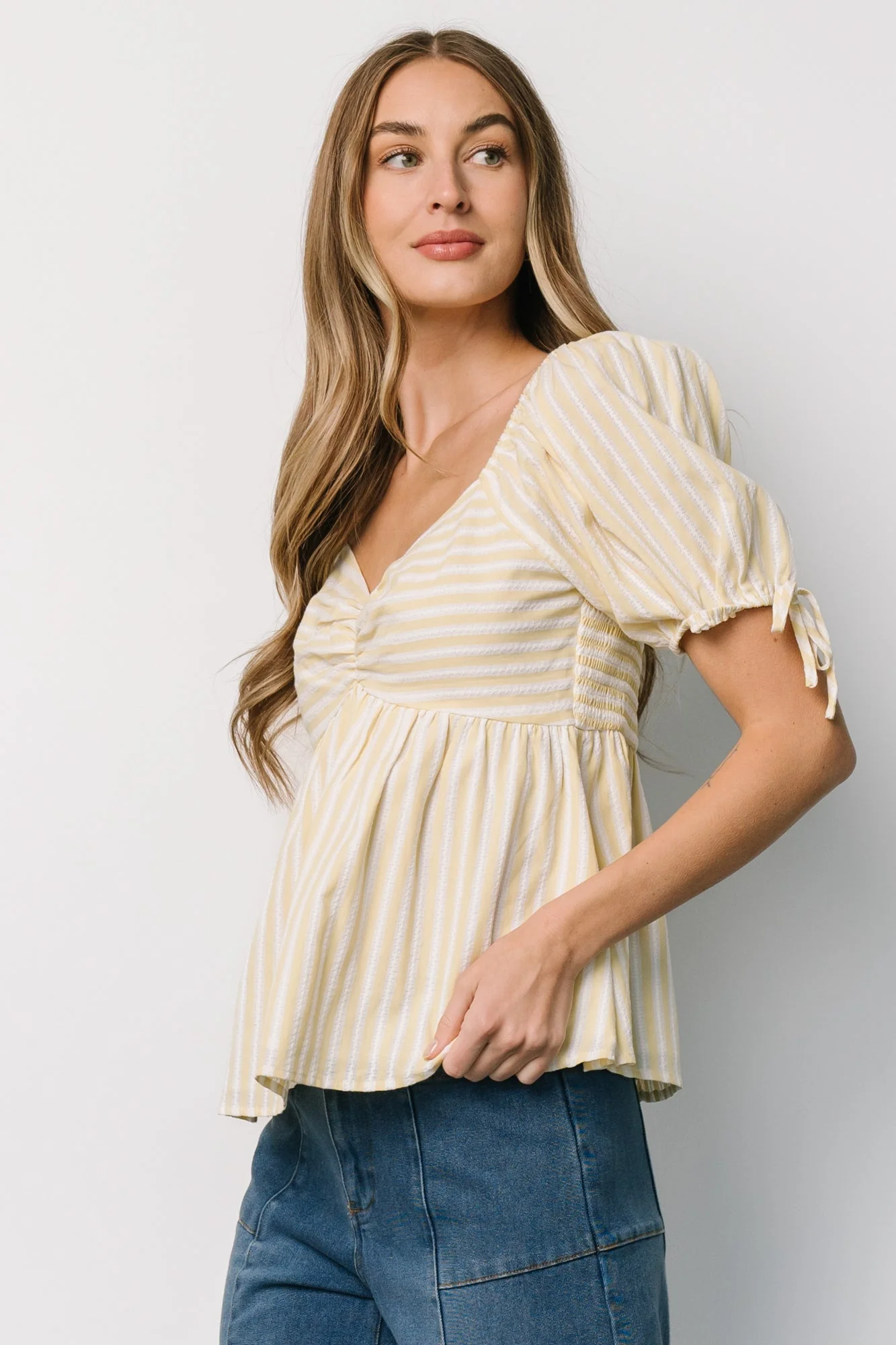 Betsy Peplum Top | Yellow + White Stripe - Vlounger