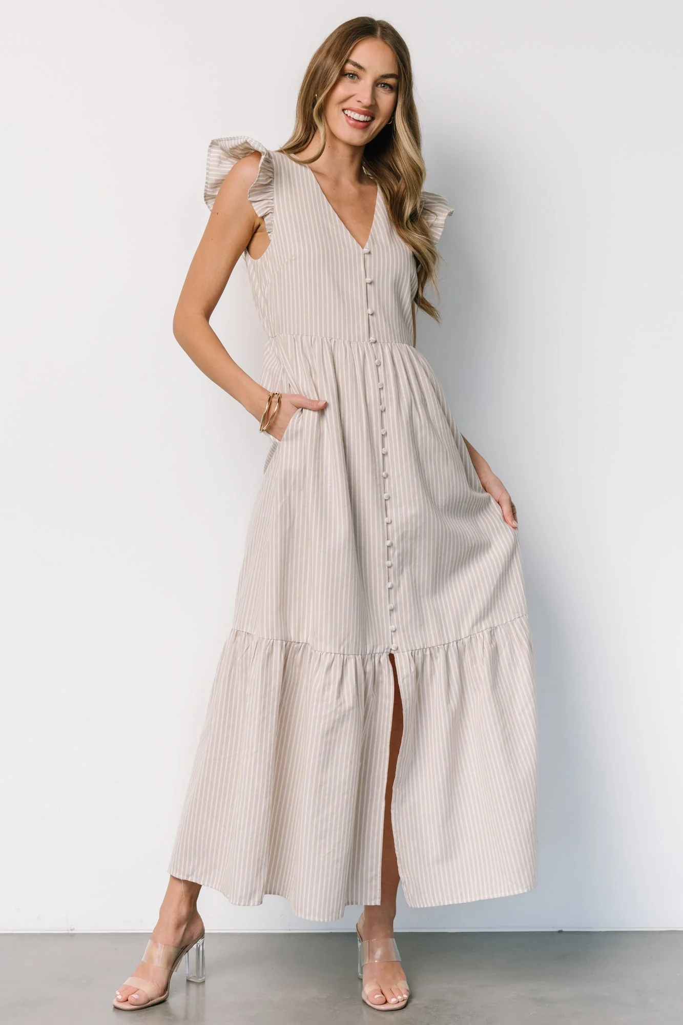 Hettie Button Maxi Dress | Beige Stripe - Vlounger