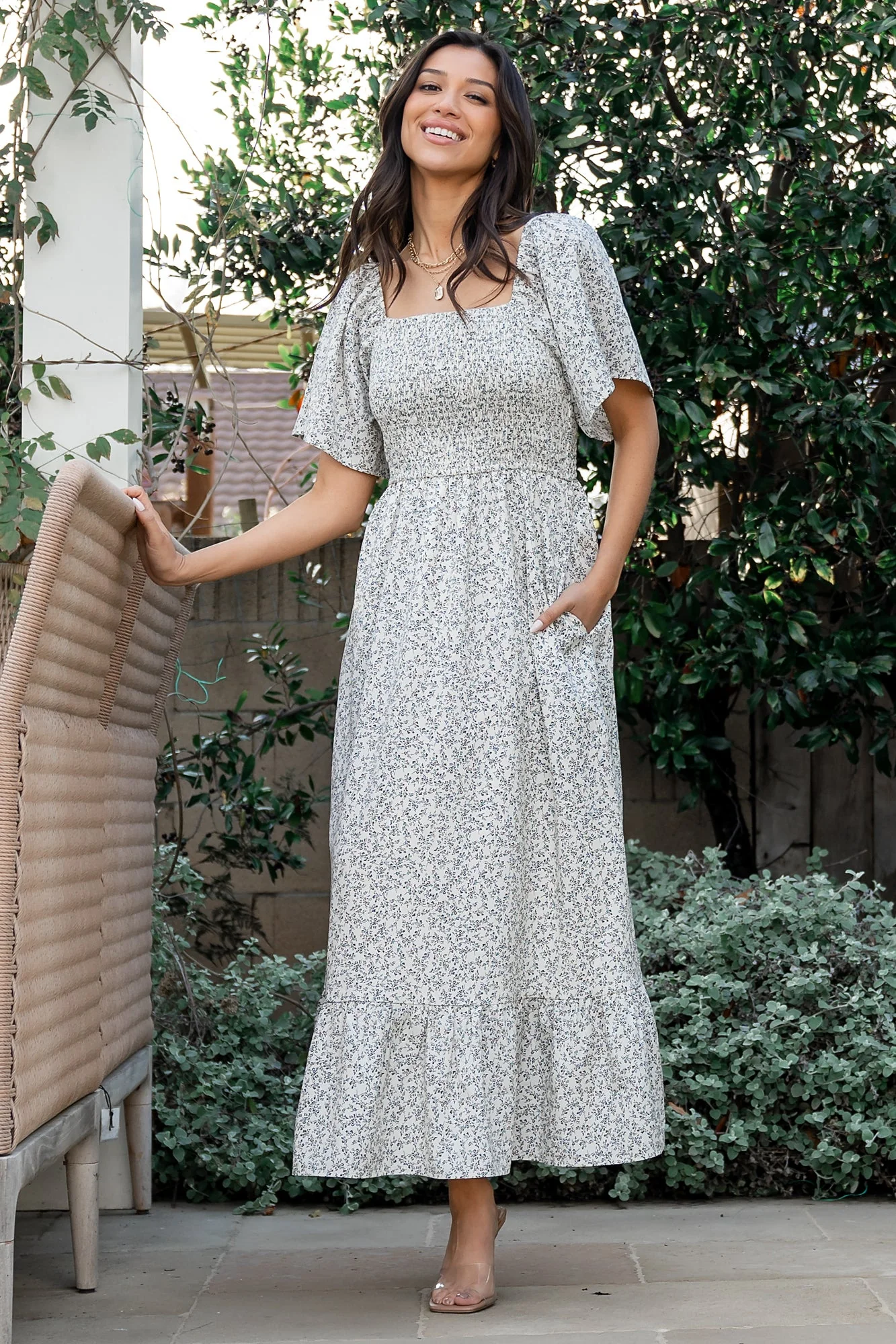 Cassis Smocked Midi Dress | Ivory + Black Floral - Vlounger
