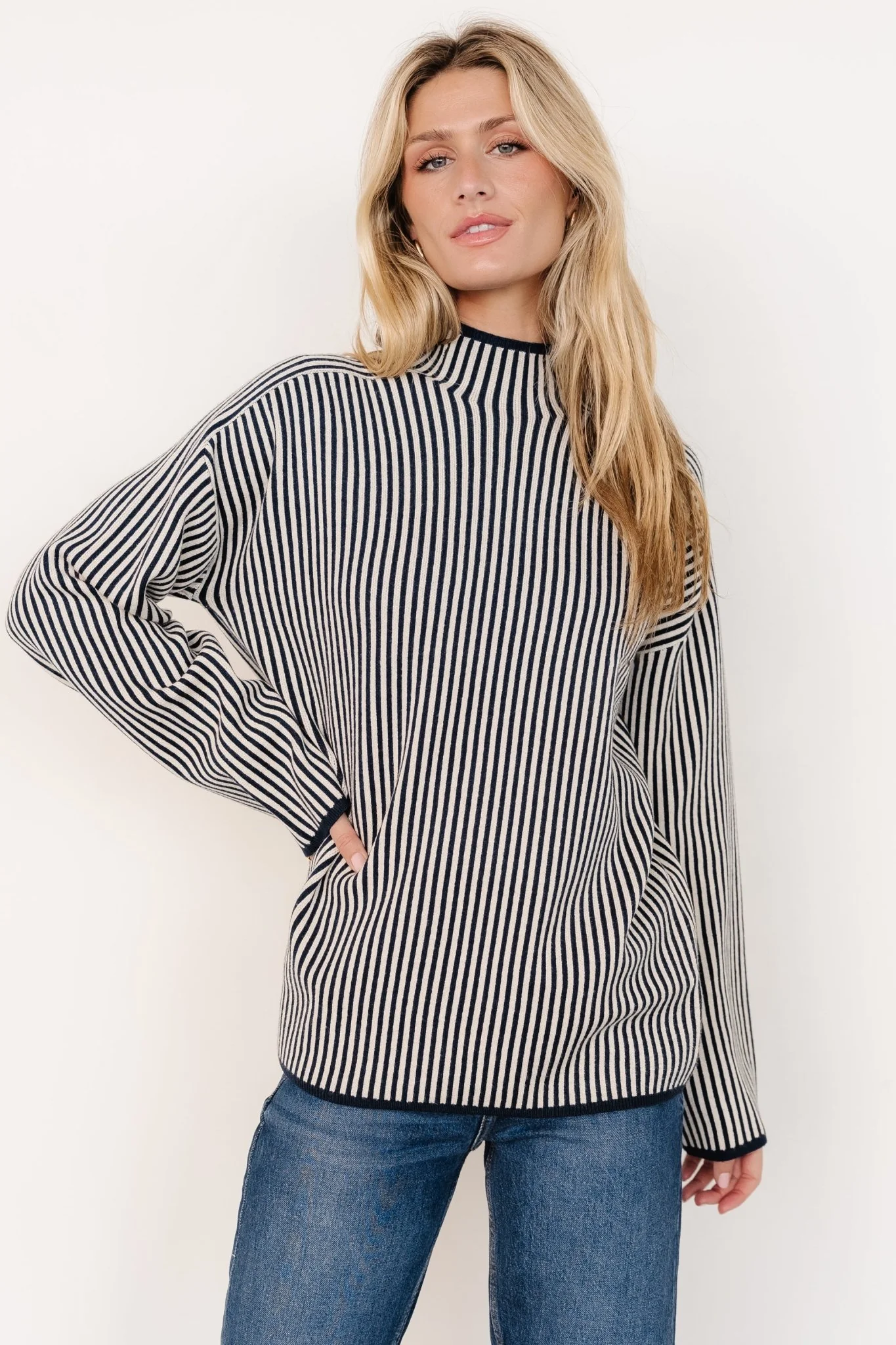 Kat Mock Neck Sweater | Navy Stripe - Vlounger