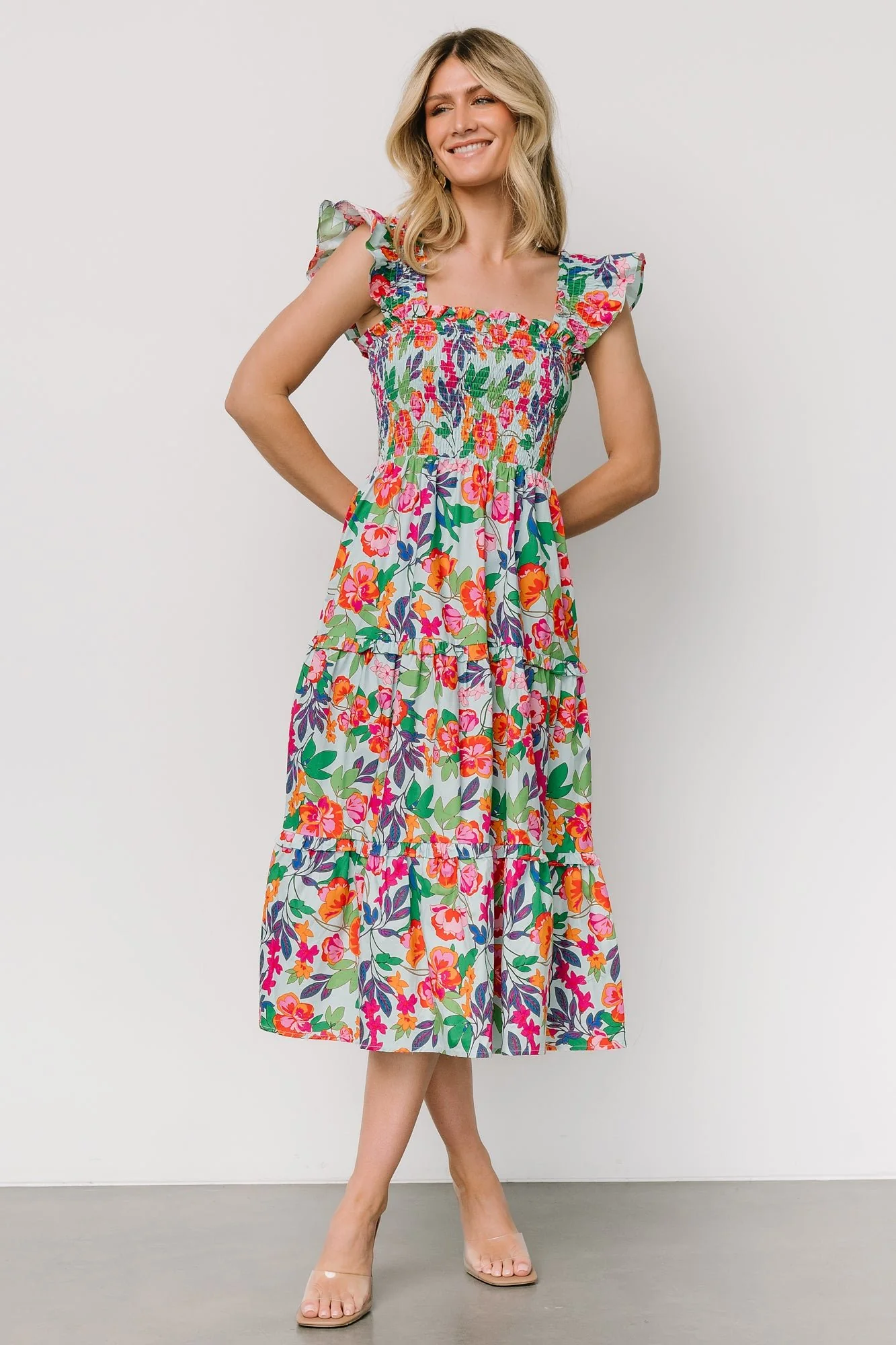 Harper Smocked Midi Dress | Blue Multi Floral - Vlounger