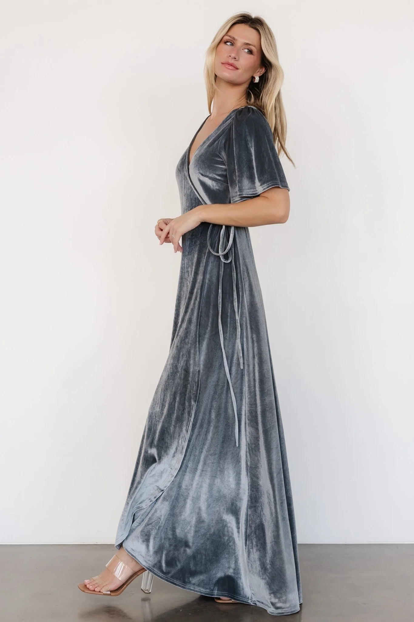 Katelyn Velvet Maxi Wrap Dress | Dusty Blue - Vlounger
