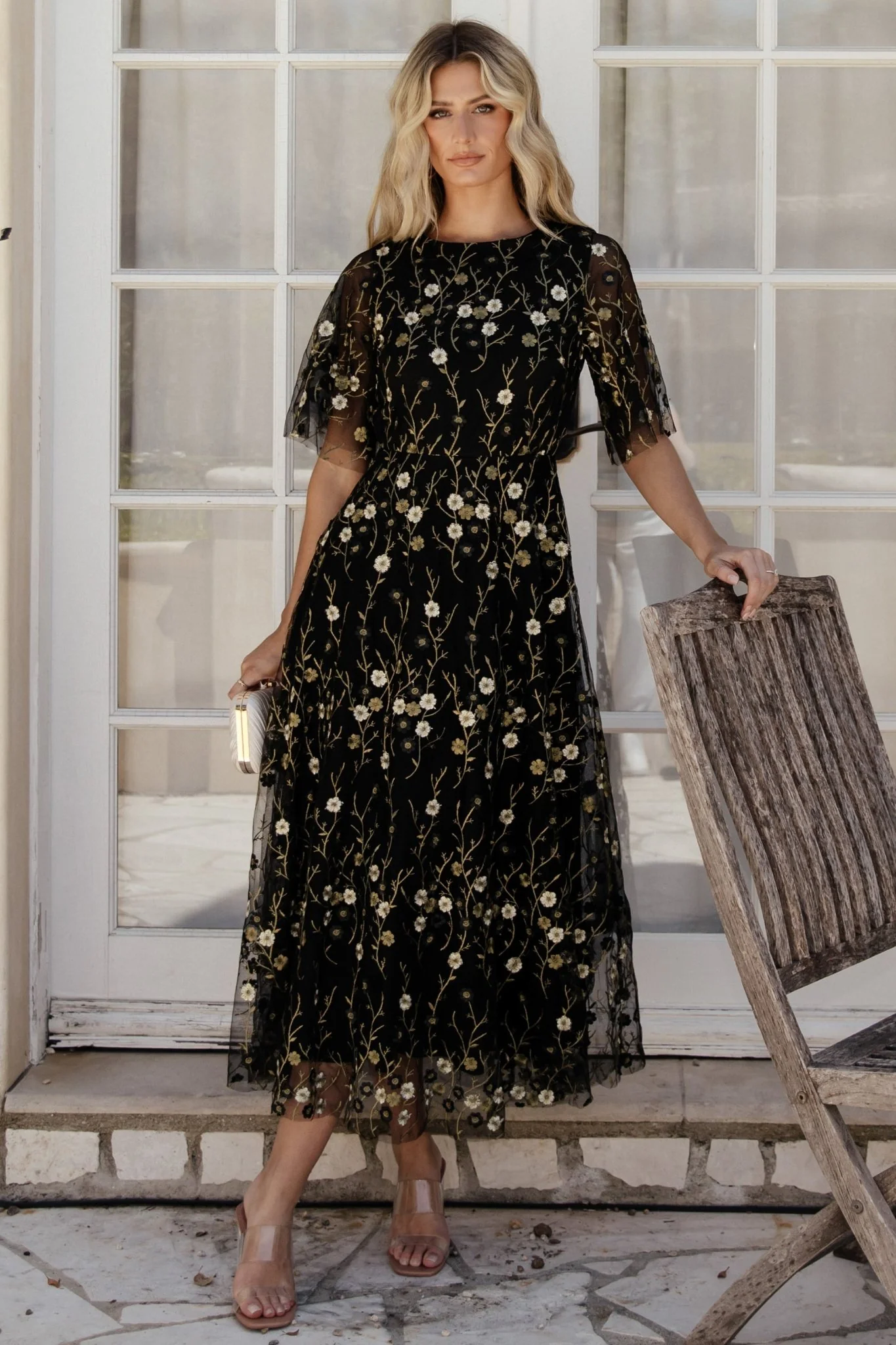 Arabella Embroidered Tulle Maxi Dress | Gold + Black - Vlounger