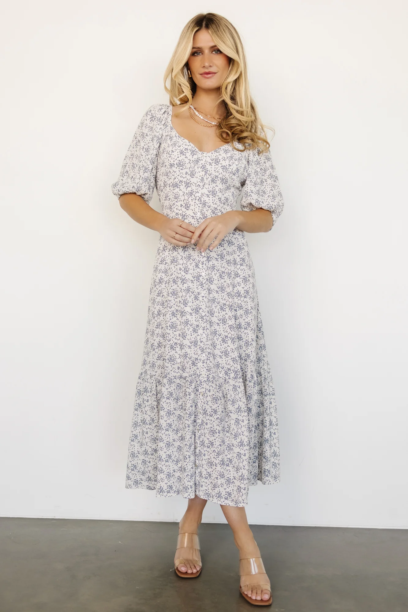 Elisabeth Button Dress | Off White + Blue Floral - Vlounger