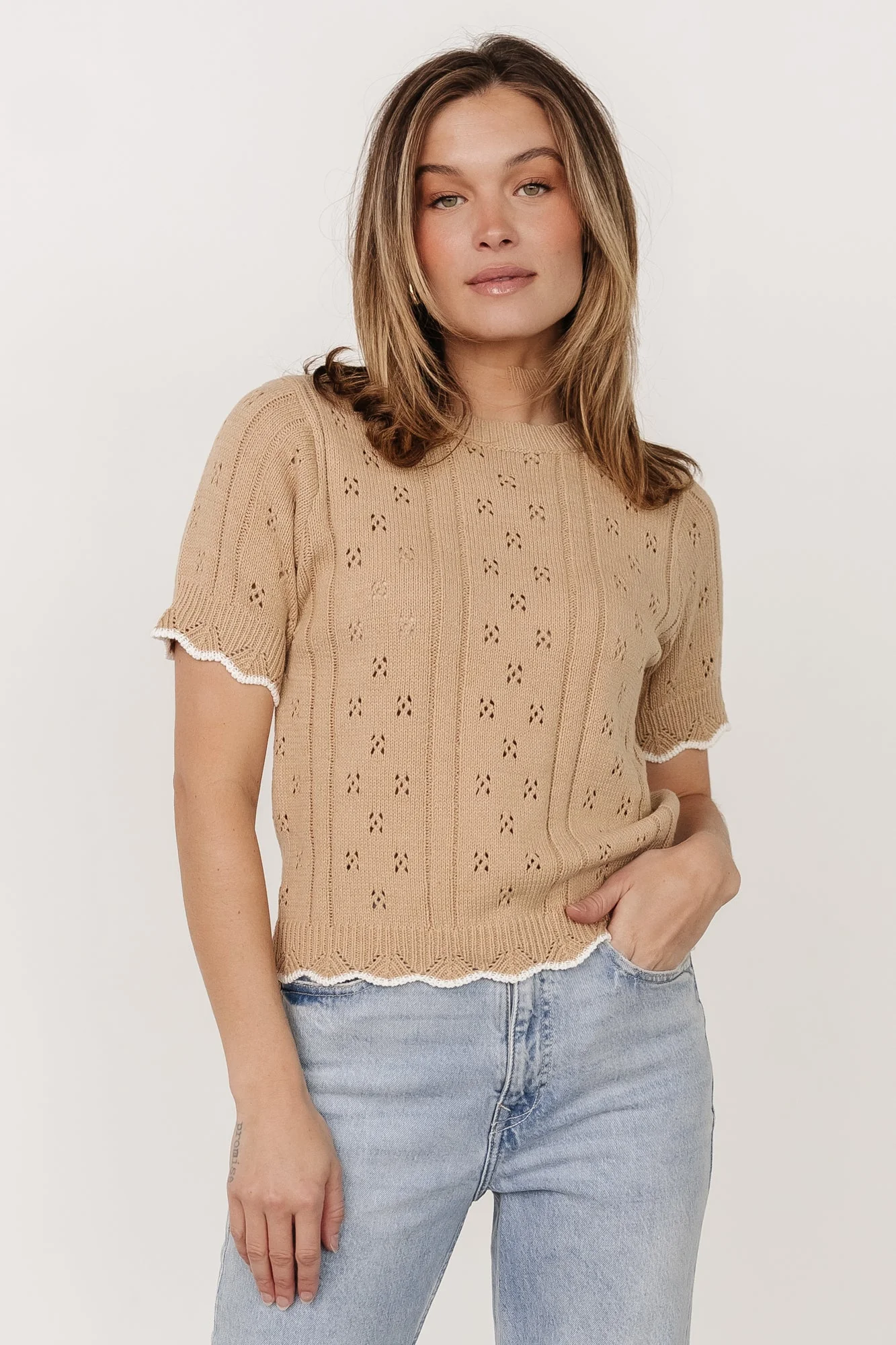 Britt Pointelle Knit Top | Natural + Ivory - Vlounger