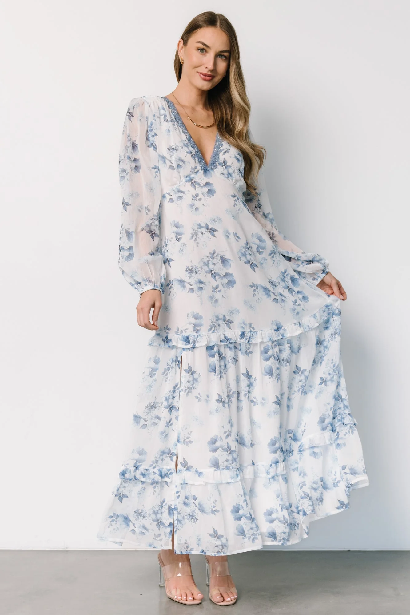 Rumi Deep V Maxi Dress | Off White + Blue Floral - Vlounger