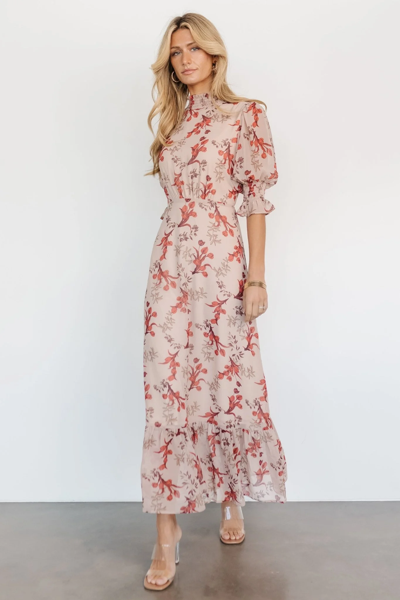 Marie Mock Neck Maxi Dress | Blush Floral - Vlounger
