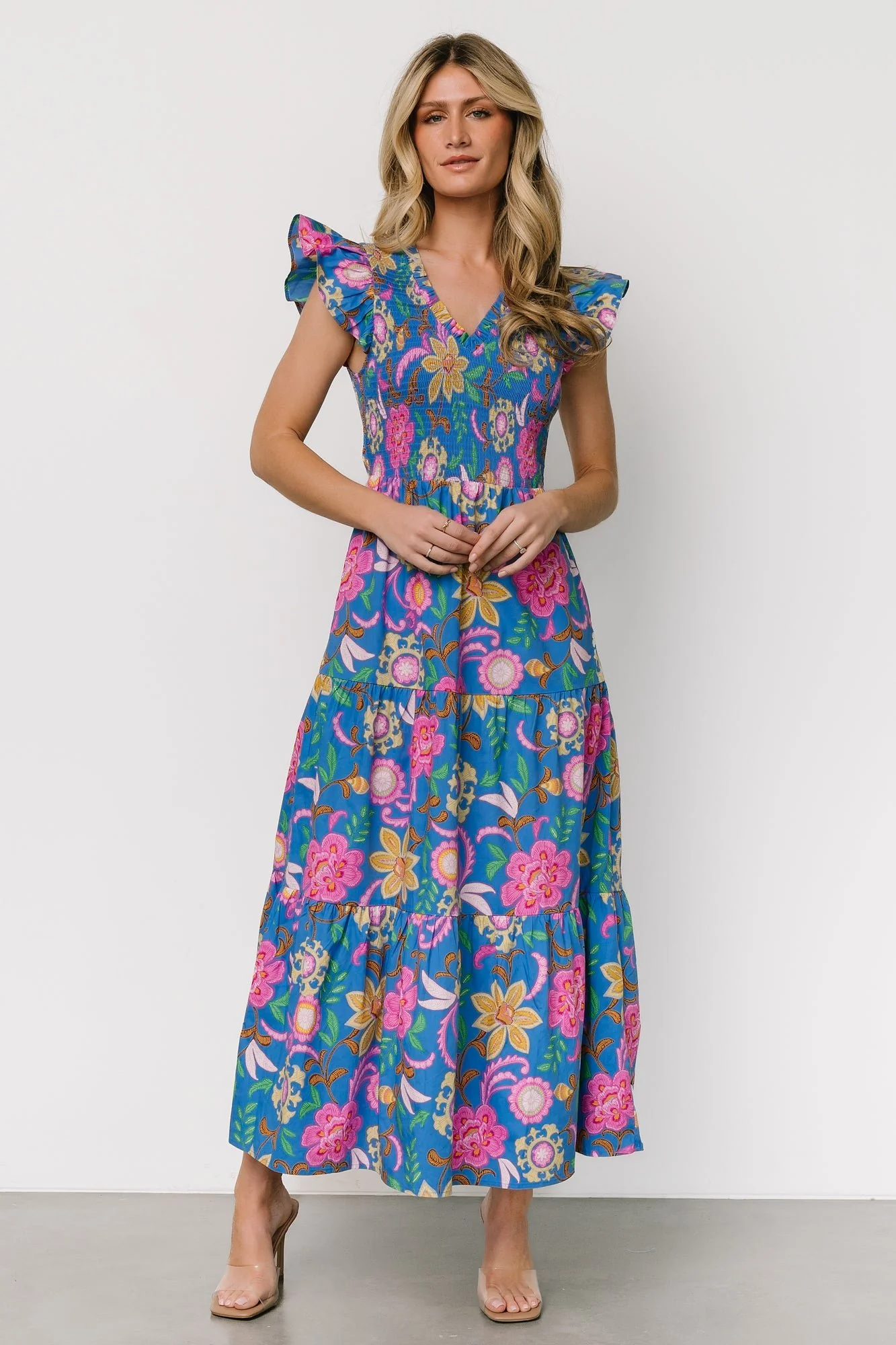 Ranchero Smocked Maxi Dress | Blue Multi Print - Vlounger