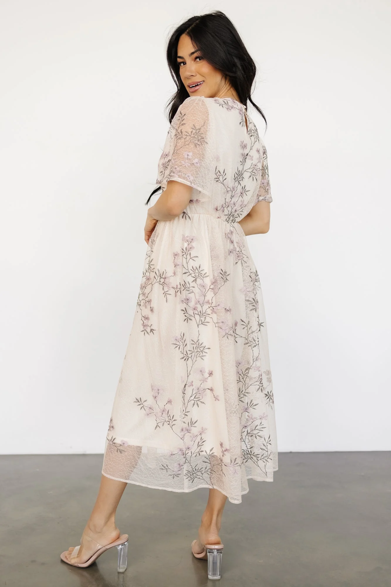 Ashlee Embroidered Midi Dress | Cream + Lavender Floral - Vlounger