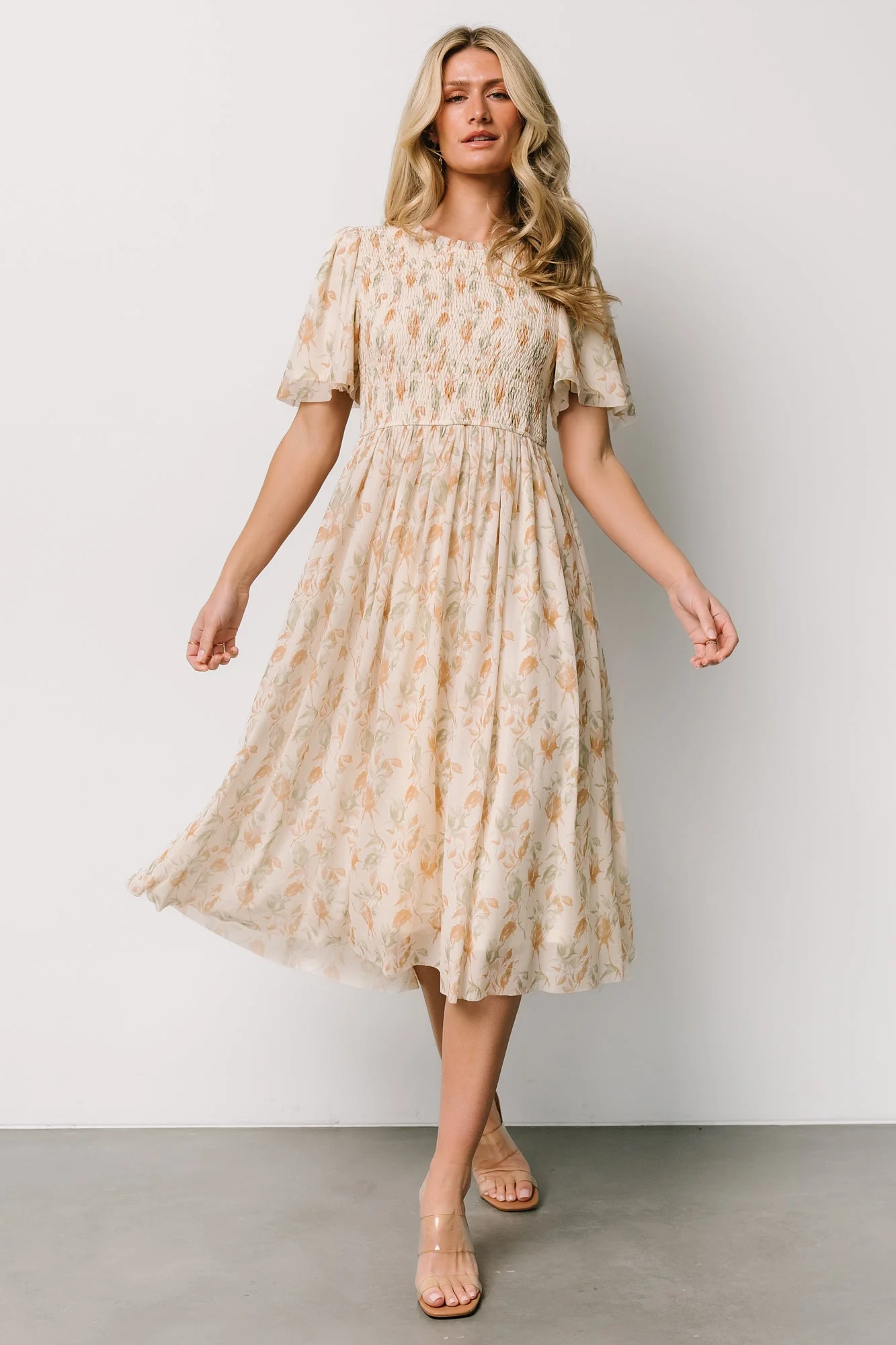 Bailey Smocked Midi Dress | Ivory + Golden Floral - Vlounger