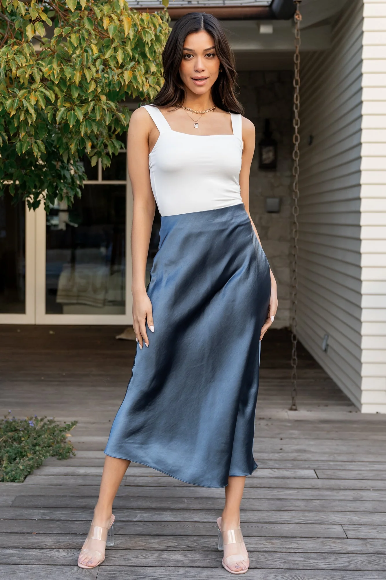 Celeste Satin Midi Skirt | Steel Blue - Vlounger