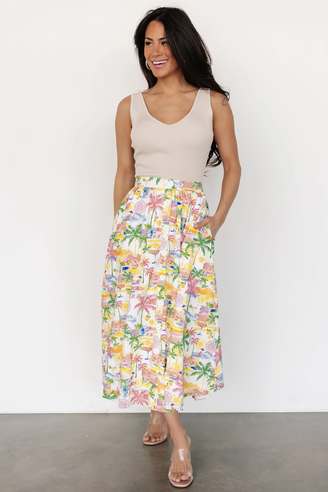 Gigi Button Midi Skirt | Off White + Multi Print - Vlounger