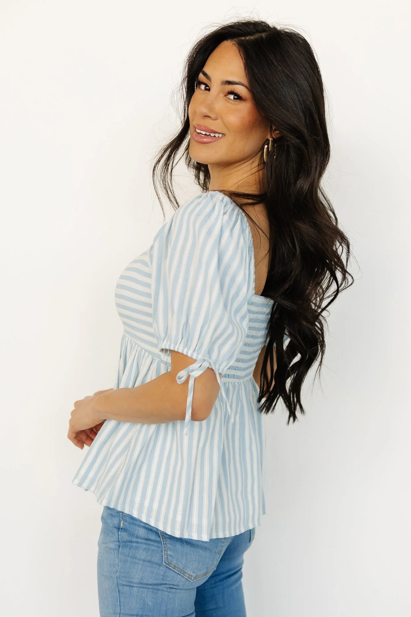 Betsy Peplum Top | Blue + White Stripe - Vlounger