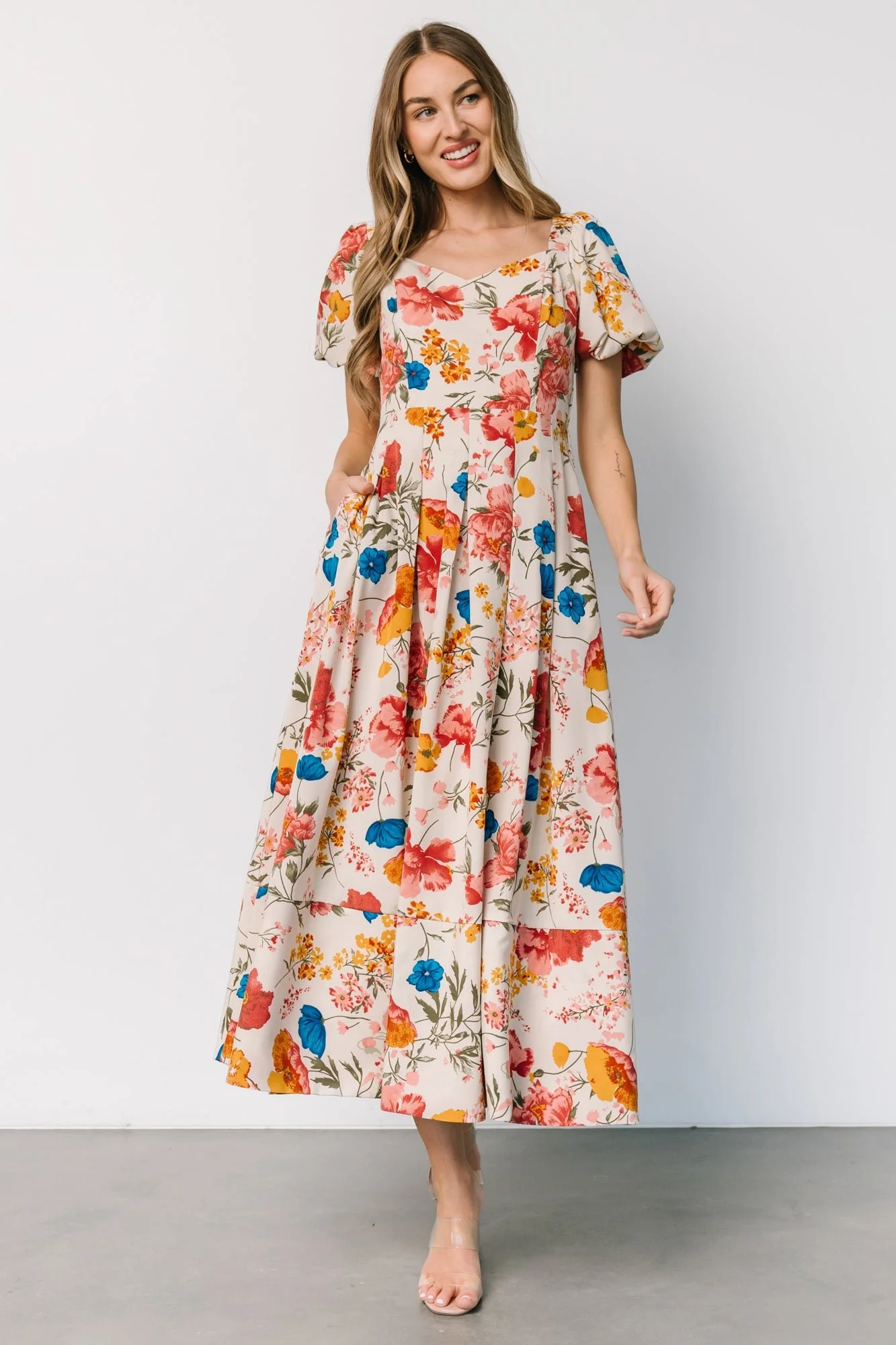 Greta Pleated Maxi Dress | Cream Multi Floral - Vlounger