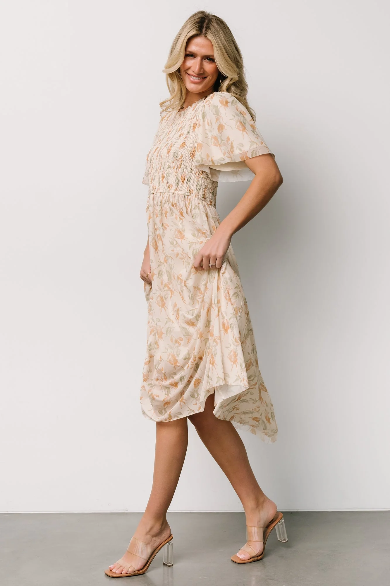 Bailey Smocked Midi Dress | Ivory + Golden Floral - Vlounger