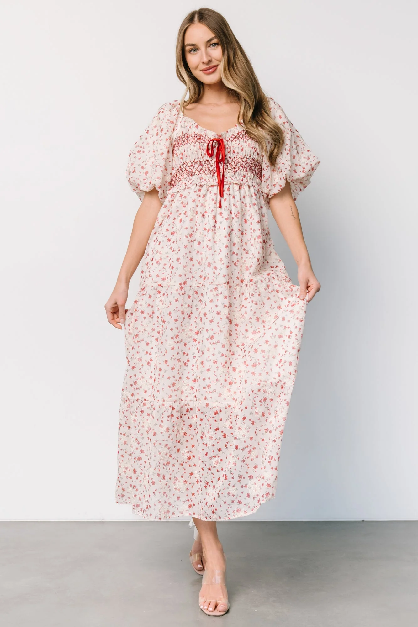Hollie Smocked Dress | Cream + Red Floral - Vlounger
