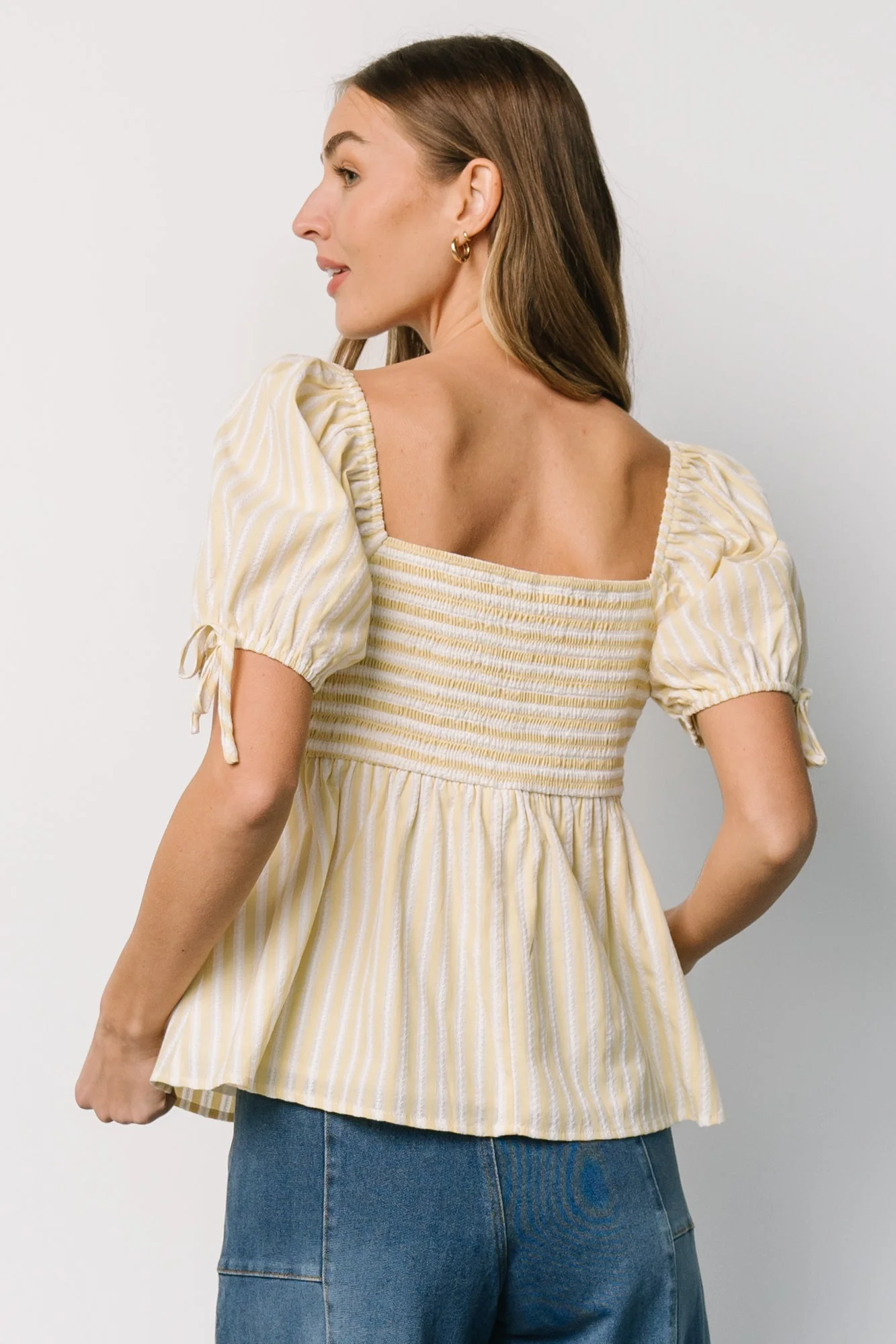Betsy Peplum Top | Yellow + White Stripe - Vlounger